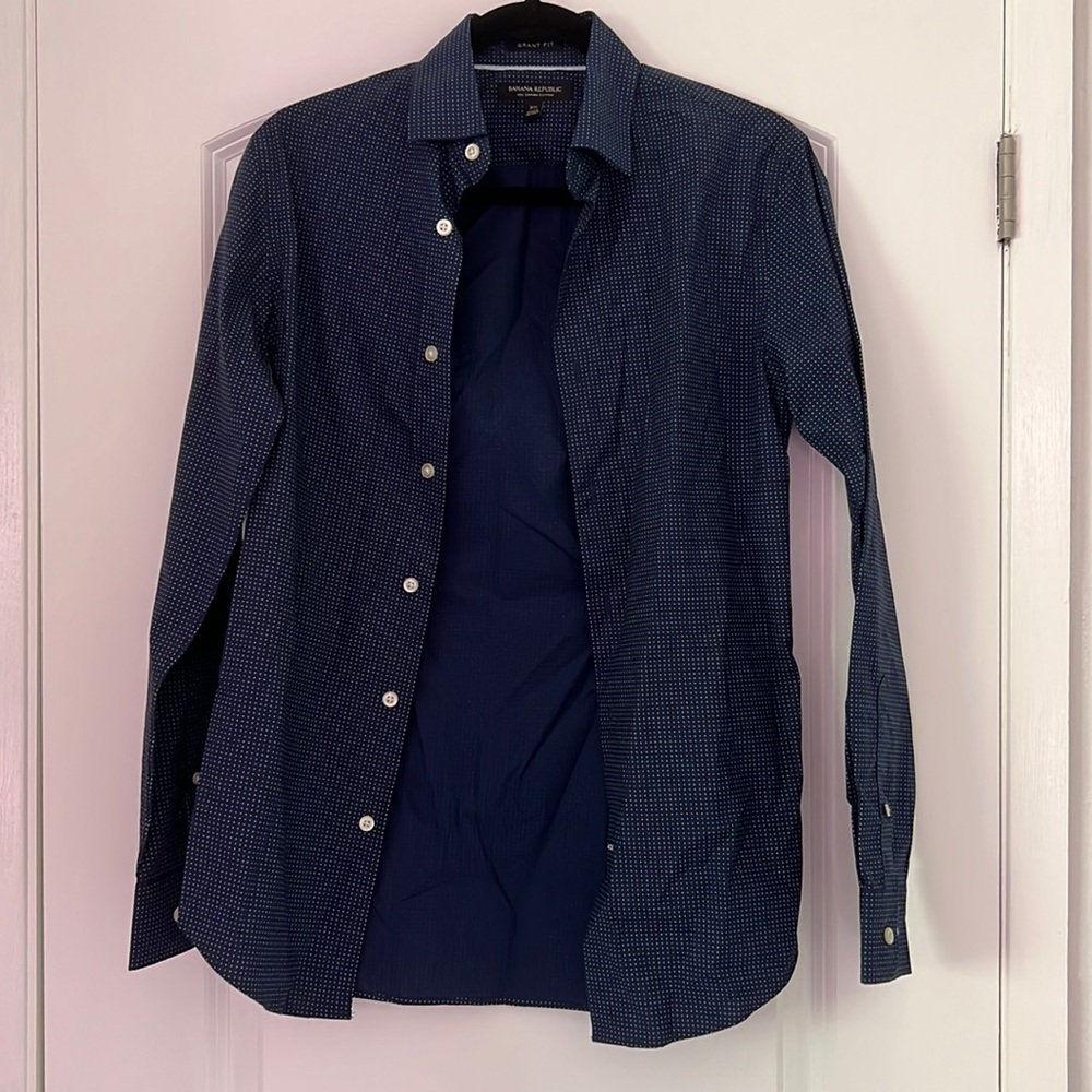 Banana republic navy blue dress shirt with white polka dots